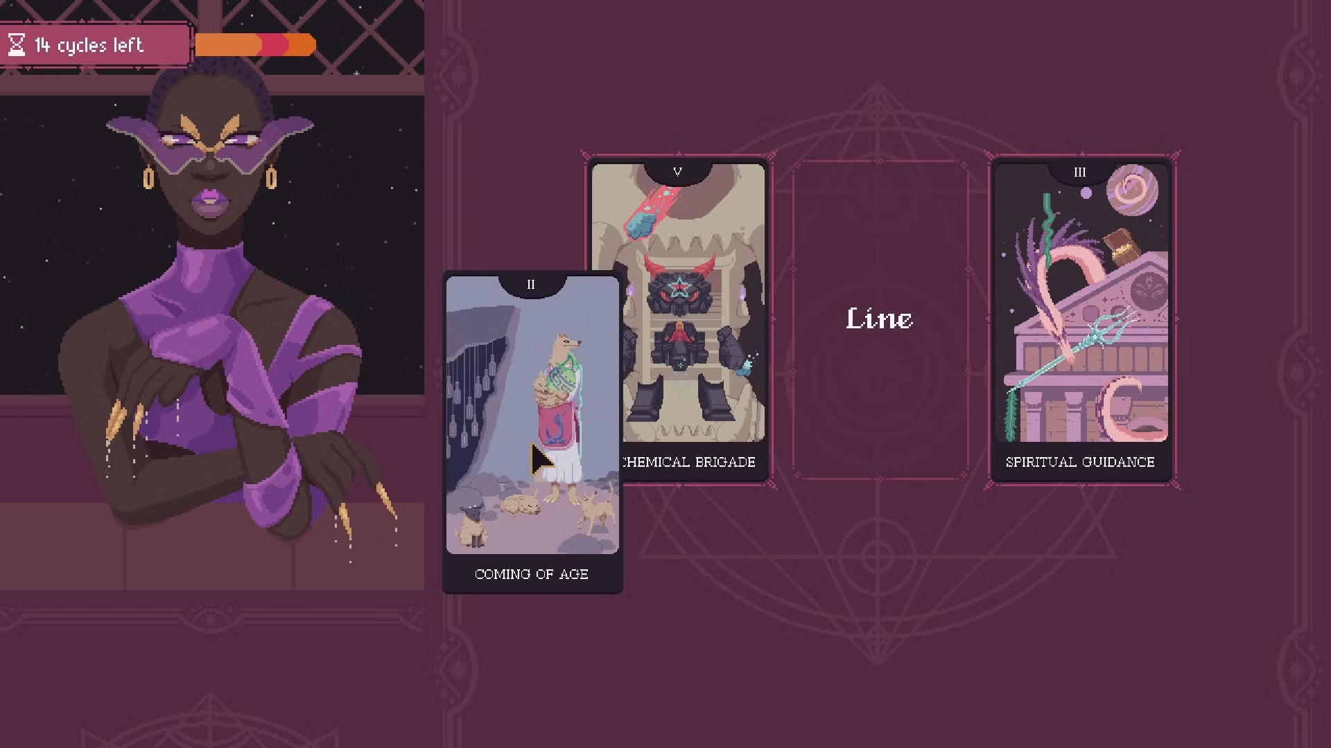 The Cosmic Wheel Sisterhood: a pixel-art witch with a painted face and long clawed fingers sits in a purple chamber beside a spread of illustrated tarot cards.