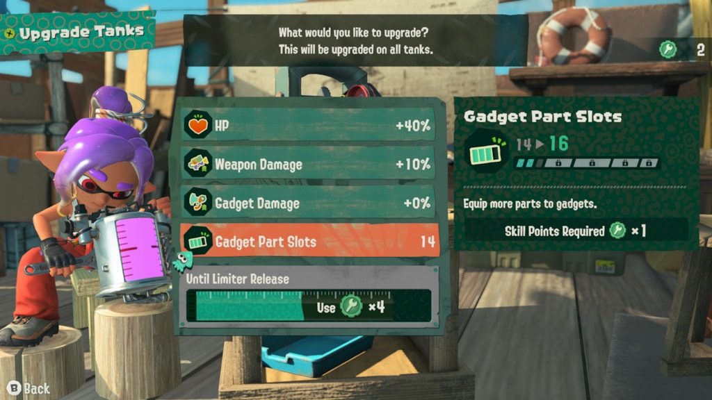 The Upgrade Tanks menu in Splatoon Raiders, showing stat boosts such as HP +40%, Weapon Damage +10% and Gadget Part Slots increasing from 14 to 16, with a purple-haired Inkling and ink tank on the left.