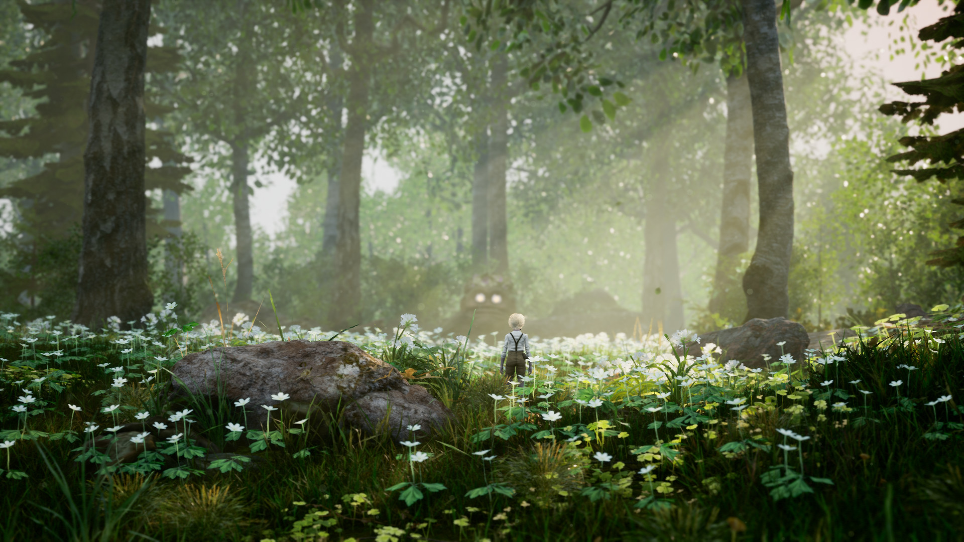 Bramble: a small boy with a backpack stands alone in a sunlit birch forest carpeted with white wood anemones, a dark shape half-hidden among the trees ahead.