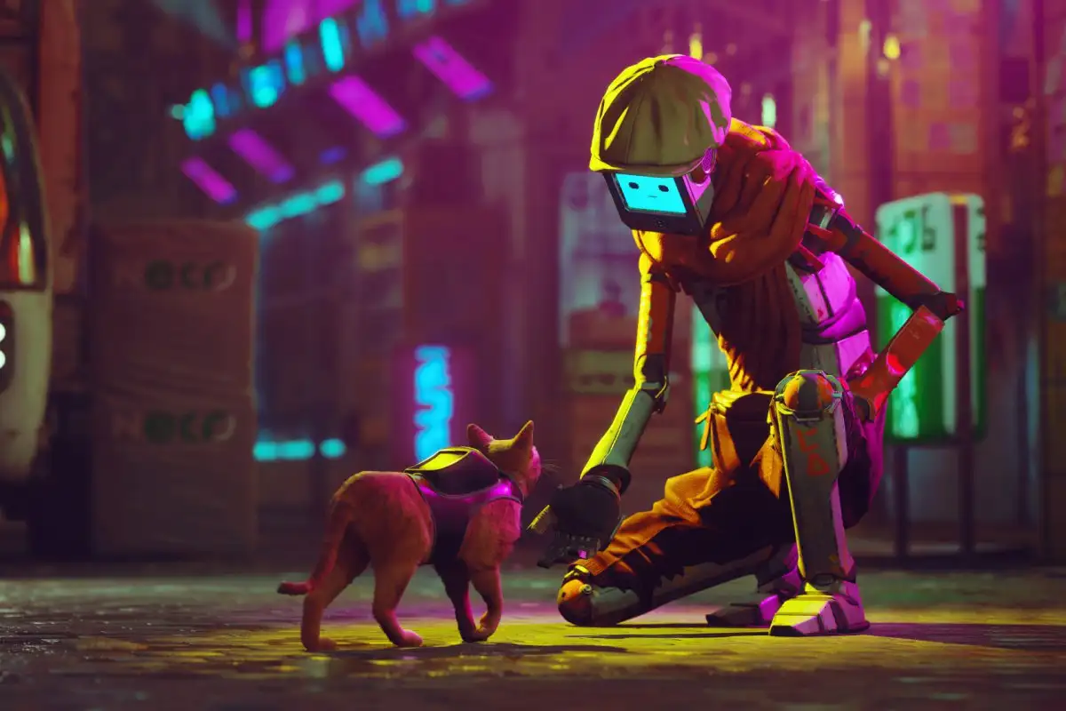 Stray: a robot with a screen for a face crouches in a neon-lit alley to greet a ginger cat wearing a small backpack.