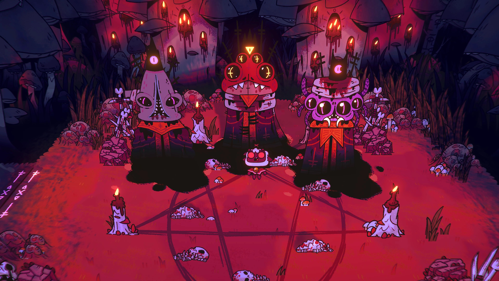Cult of the Lamb: three towering, many-eyed monsters loom over a red pentagram ringed with candles, bones and skulls, a tiny white lamb standing alone at its centre.