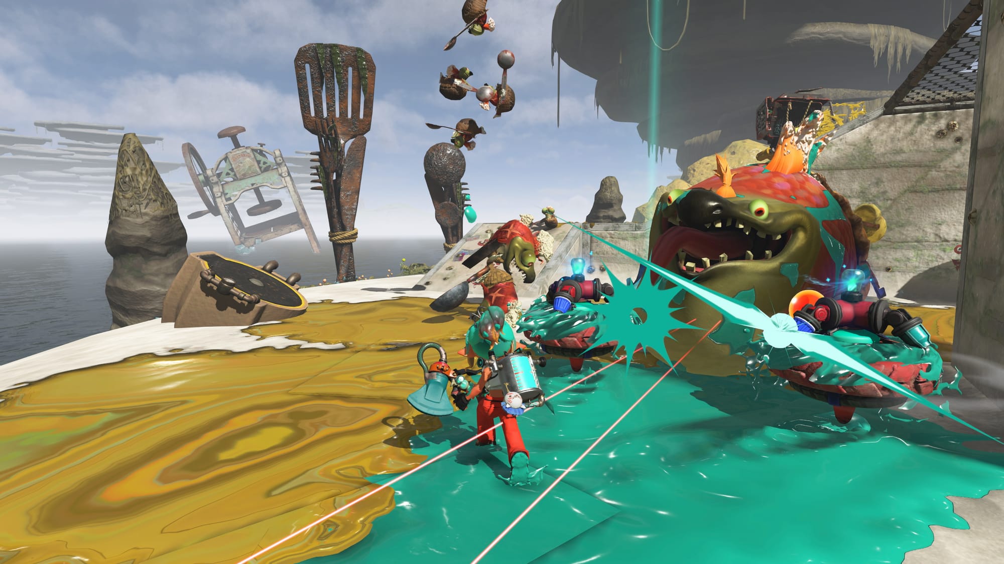Splatoon Raiders players inking turf while fighting a Salmonid boss.