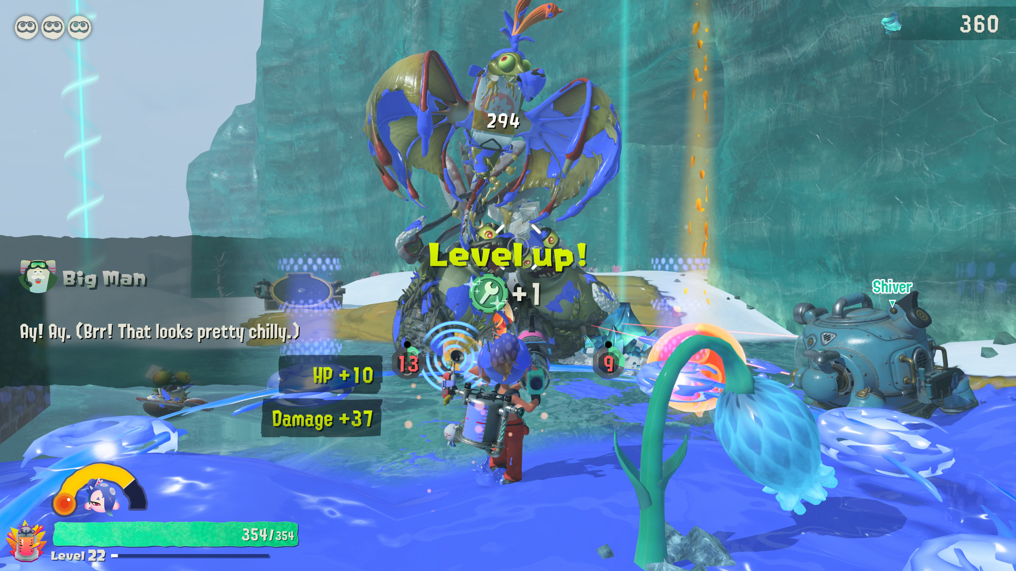 Splatoon Raiders level-up screen during a Salmonid boss fight with Big Man.