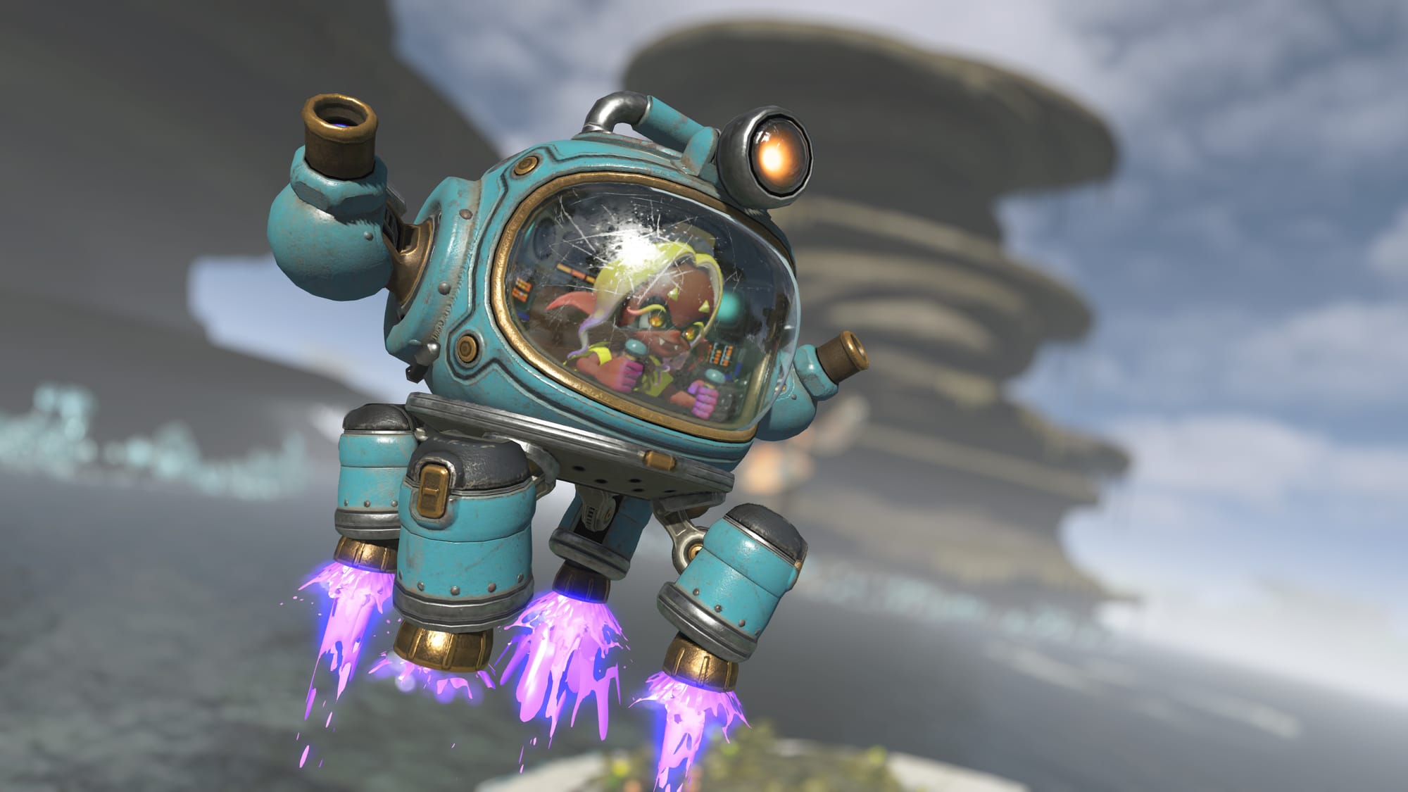 Splatoon Raiders Exploration Bot Buddy hovering on jets.