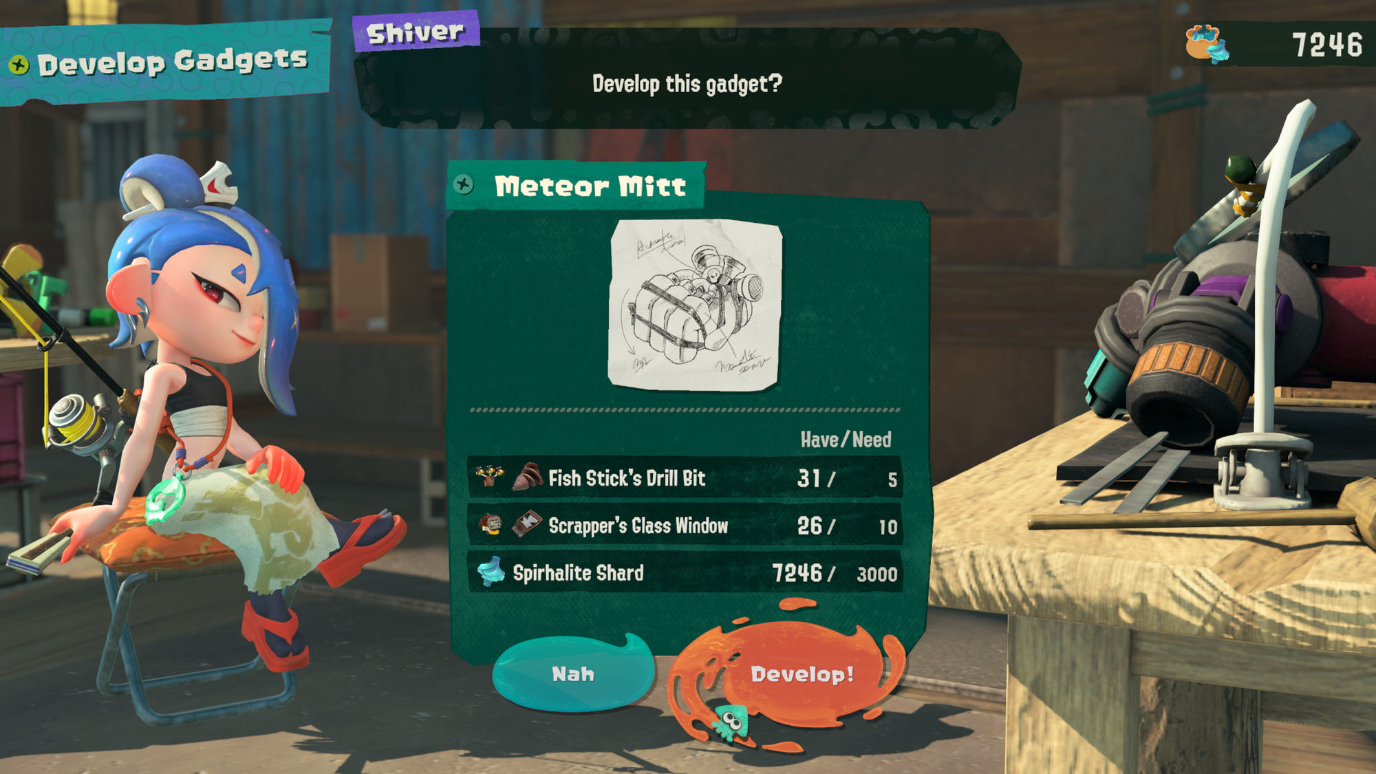 Splatoon Raiders gadget development menu with Shiver and the Meteor Mitt.