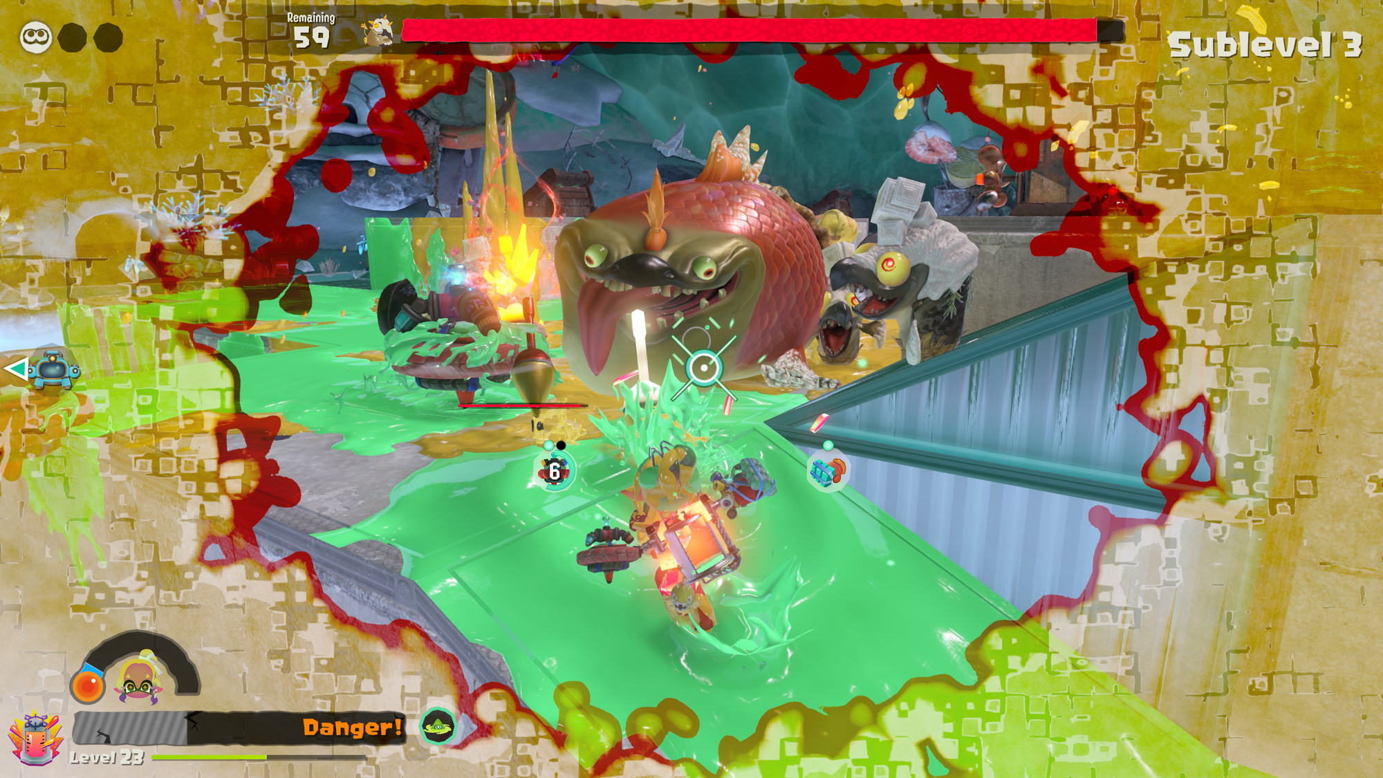 Splatoon Raiders Sublevel 3 encounter swarming with Salmonids.