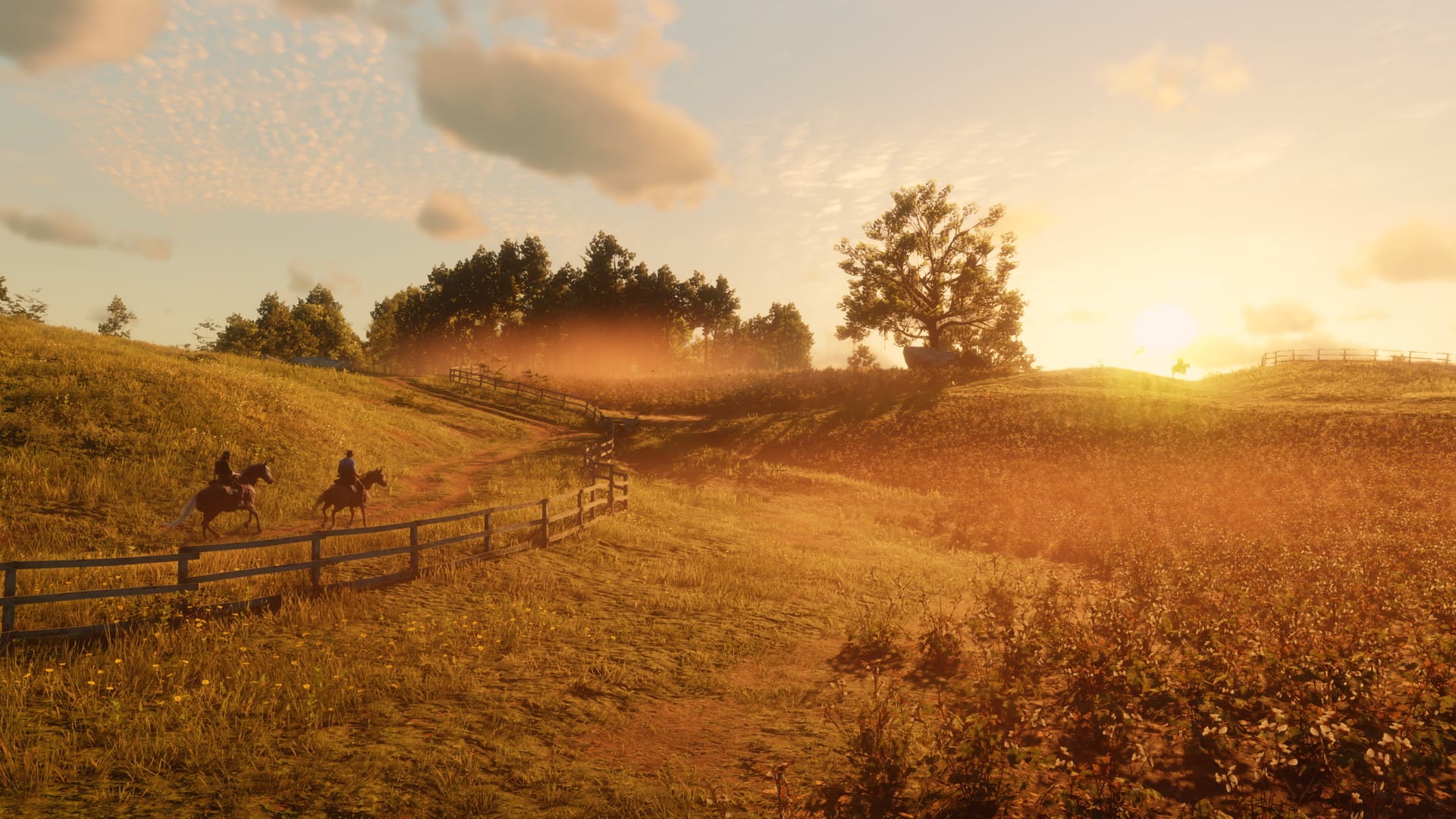 Red Dead Redemption 2 screenshots. Two cowboys ride through a field at sunset, another rider is barely visible on the horizon line.