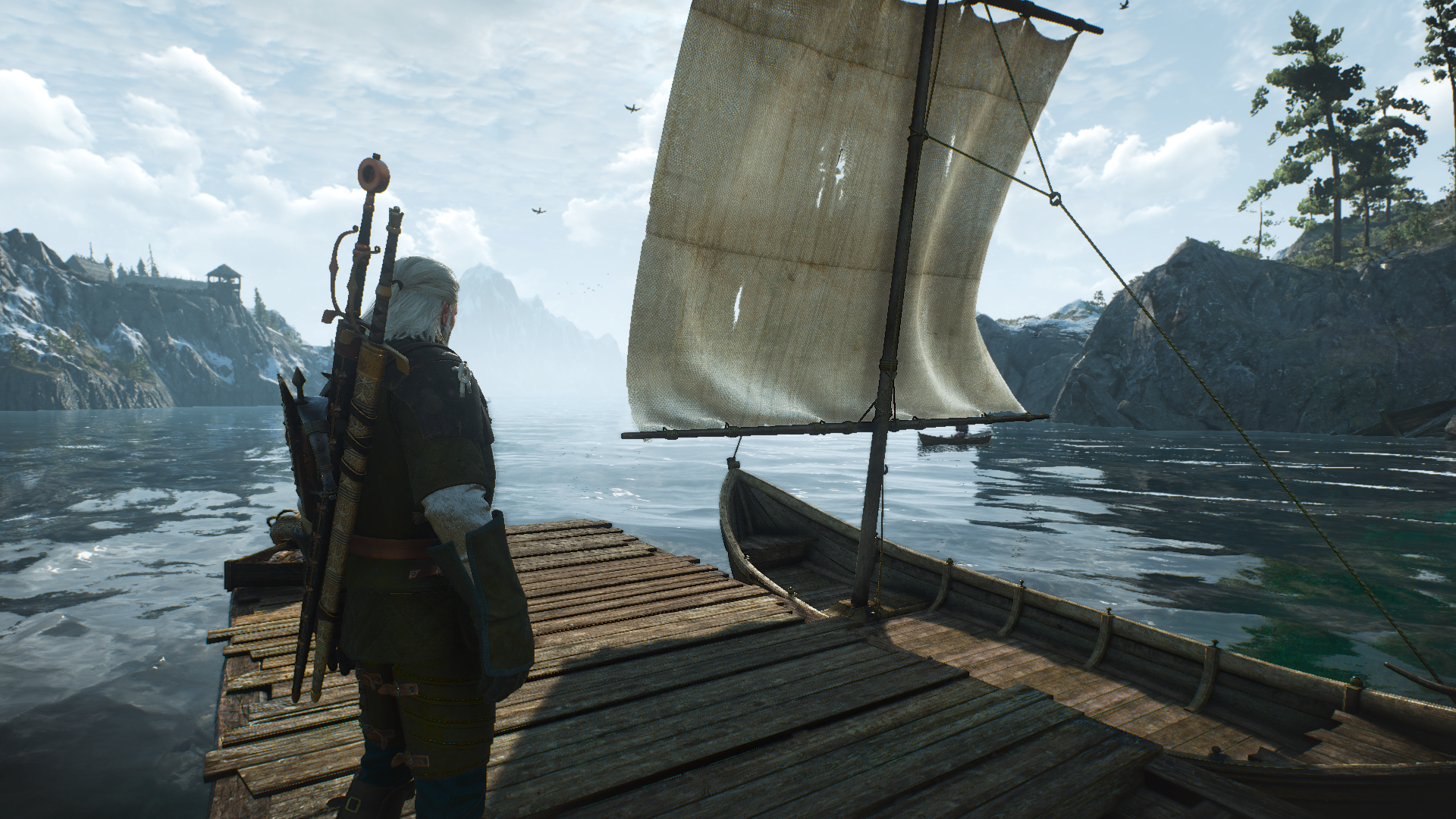 The Witcher 3: Wild Hunt Screenshot. Geralt of Rivia stands on a dock by a boat in the Skellige Isles.