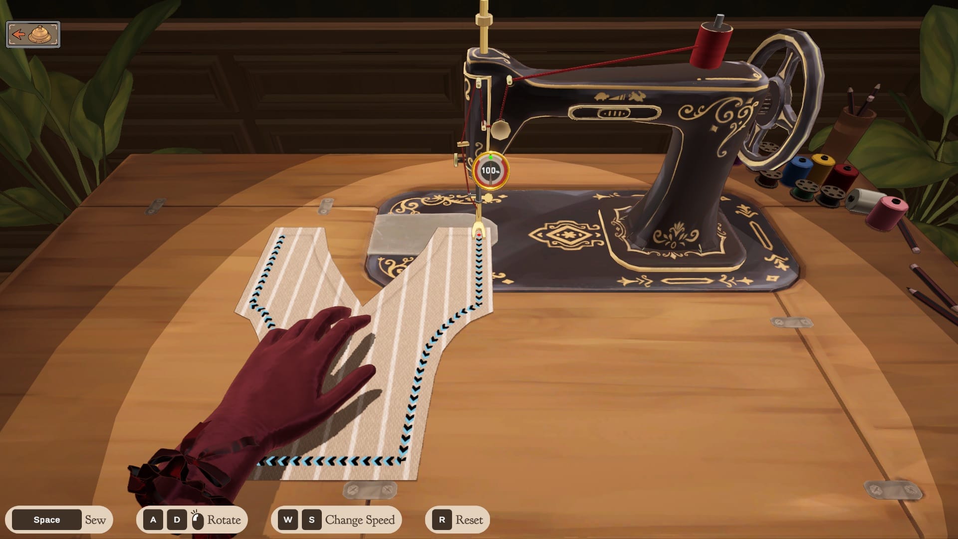 The sewing table in Dressmaker. The player sews up a bodice piece.