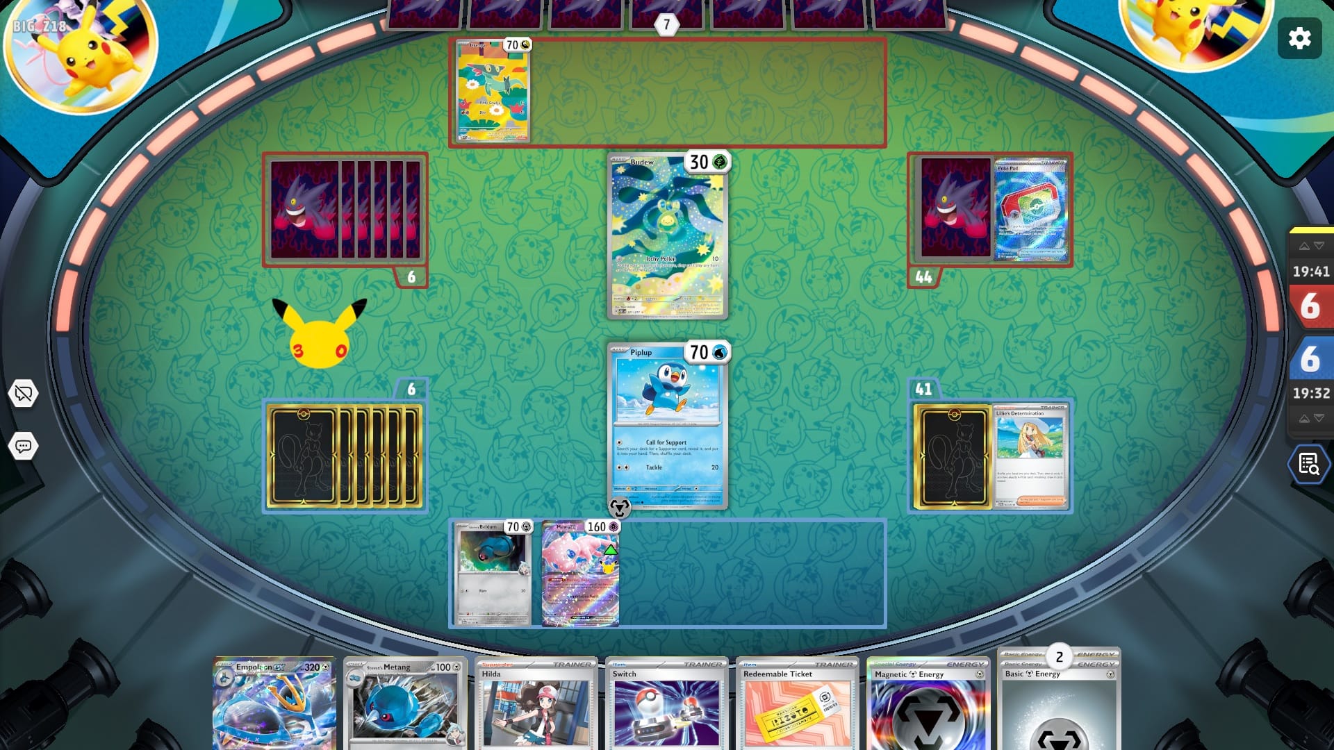 The Pokemon TCG Live board. Budew and Dreepy face off against Piplup, Steven's Beldum, and Mew EX.