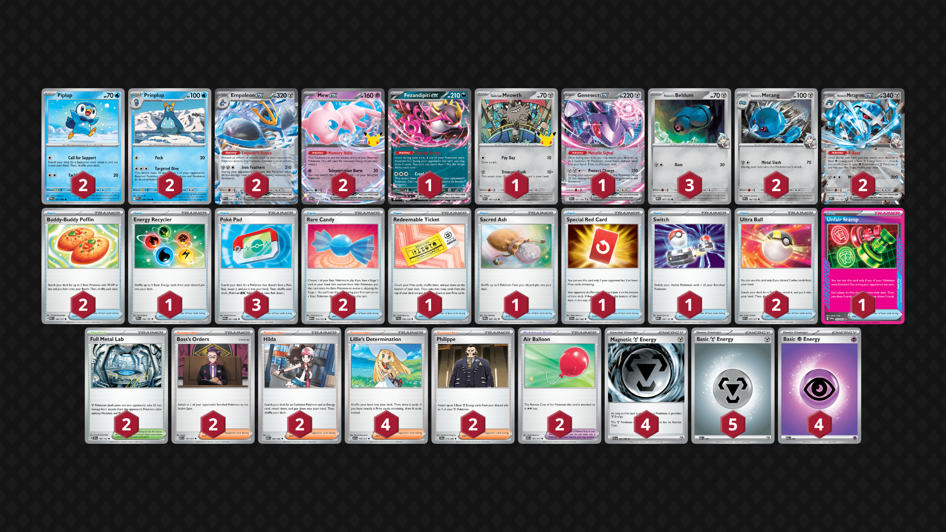An Empoleon EX deck list featuring the Empoleon line, the Steven's Metagross line, and Mew EX.