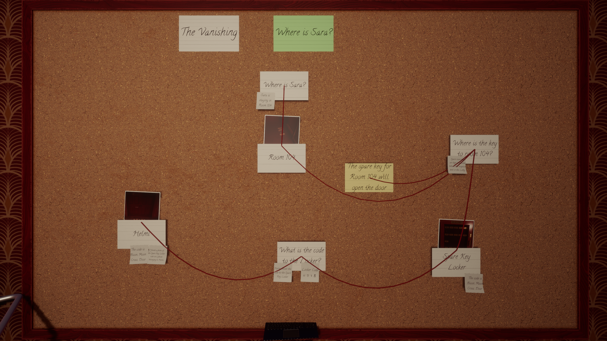 The mystery board in The Final Cut of Lilith Cunningham, various questions are tacked up connected by red string, with answers on post-its attached to them.