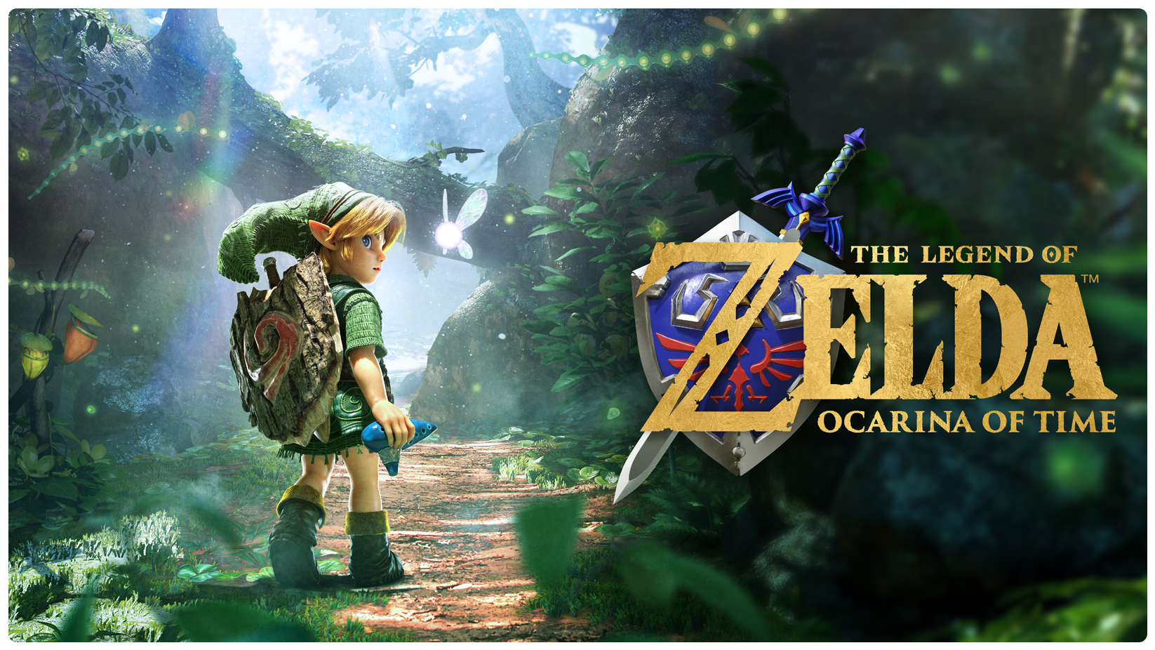 Key art for The Legend of Zelda: Ocarina of Time on Nintendo Switch 2, showing young Link with Navi in a sunlit Kokiri Forest beside the game's gold logo and the Master Sword.