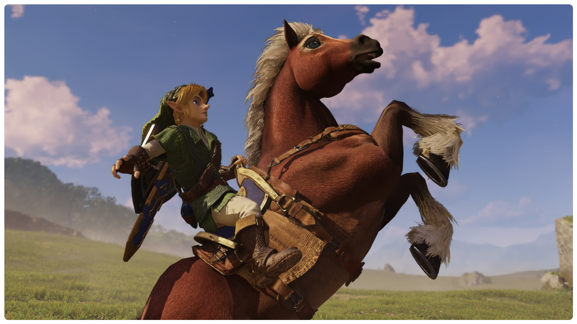 Screenshot from The Legend of Zelda: Ocarina of Time on Nintendo Switch 2, showing young Link riding Epona as she rears up on her hind legs in Hyrule Field under a blue sky.