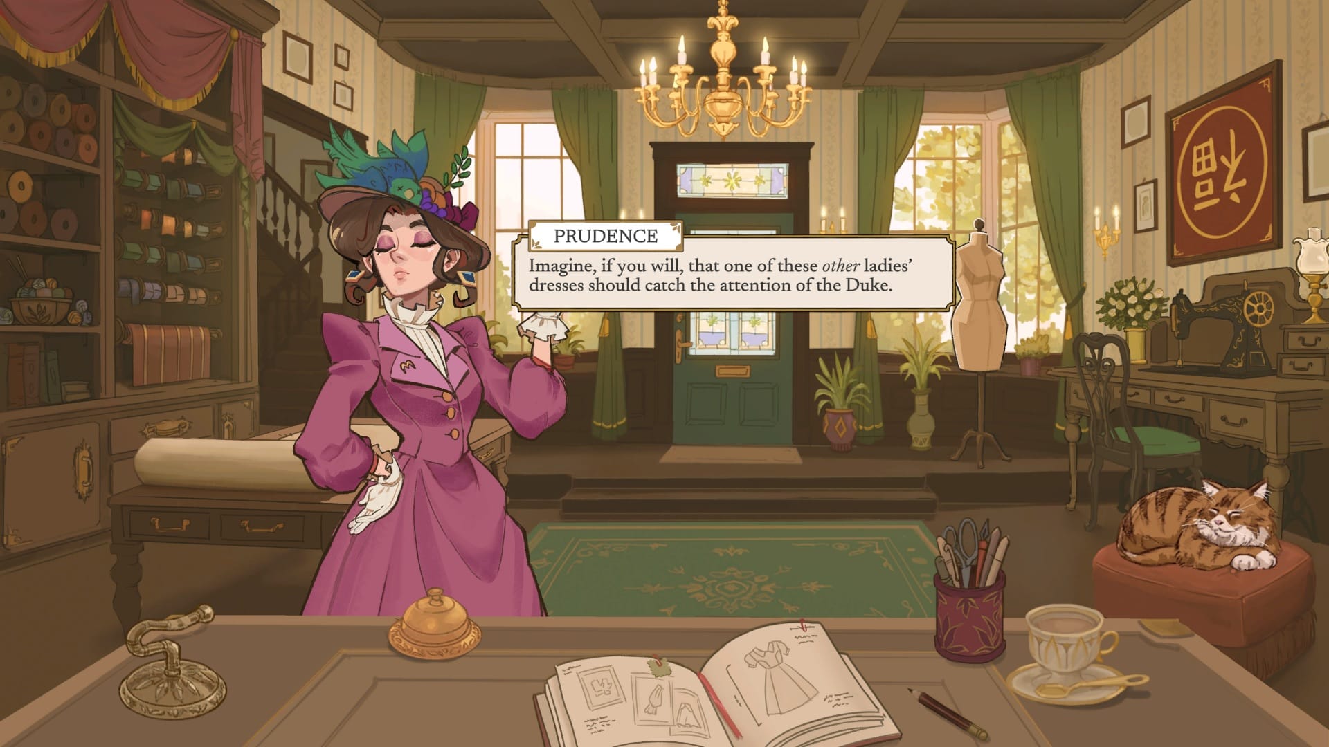 The dressmaker main screen. Prudence tells the dressmaker that no one else should catch the Duke's attention.