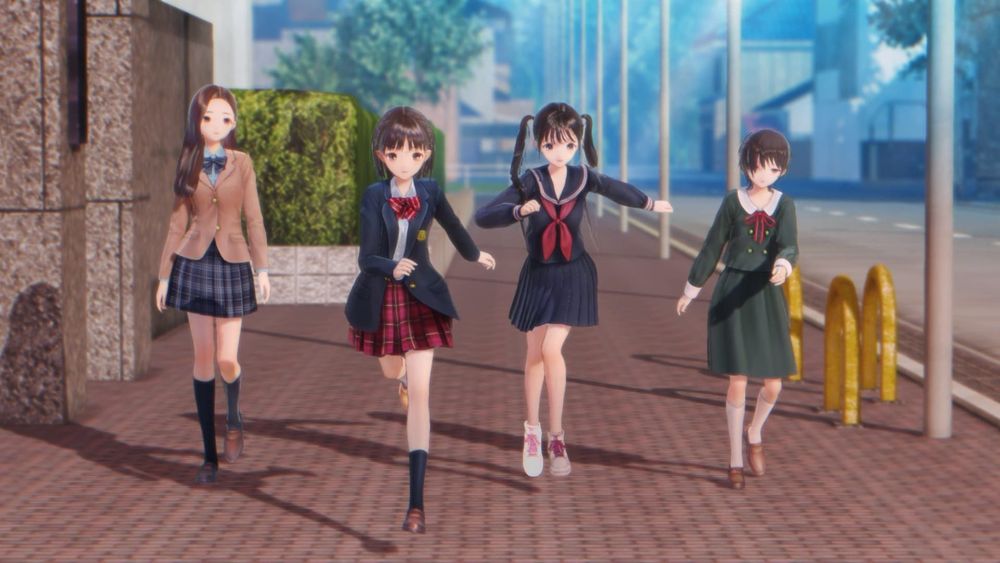 Blue Reflection Quartet screenshot showcasing four high school girls walking together on the streets