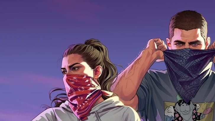 Illustrated Grand Theft Auto 6 key art of Lucia and Jason pulling patterned bandanas over their faces against a purple dusk sky.— only to be blown out of the water by their next title.