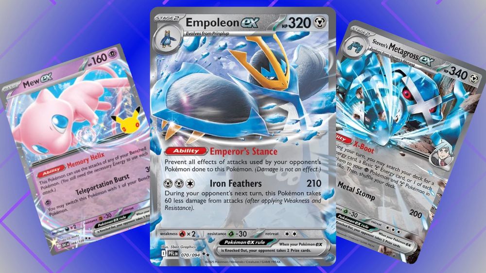 Pokemon cards: Empoleon EX, Mew EX, and Steven's Metagross EX.