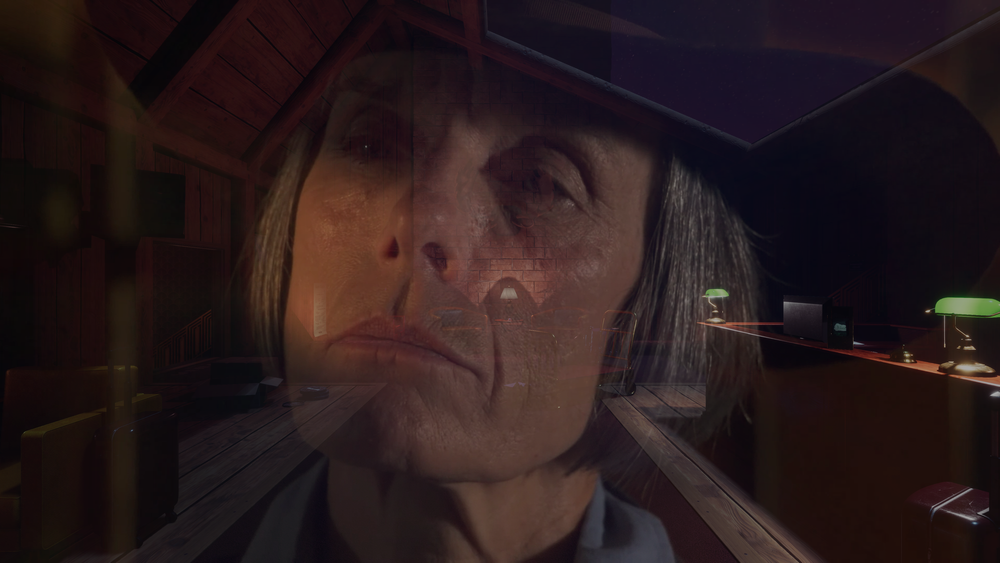 Screenshot from The Final Cut of Lilith Cunningham. A Full-Motion Video close-up of Lilith looking offscreen fades into a shot of a low-lit hotel lobby.
