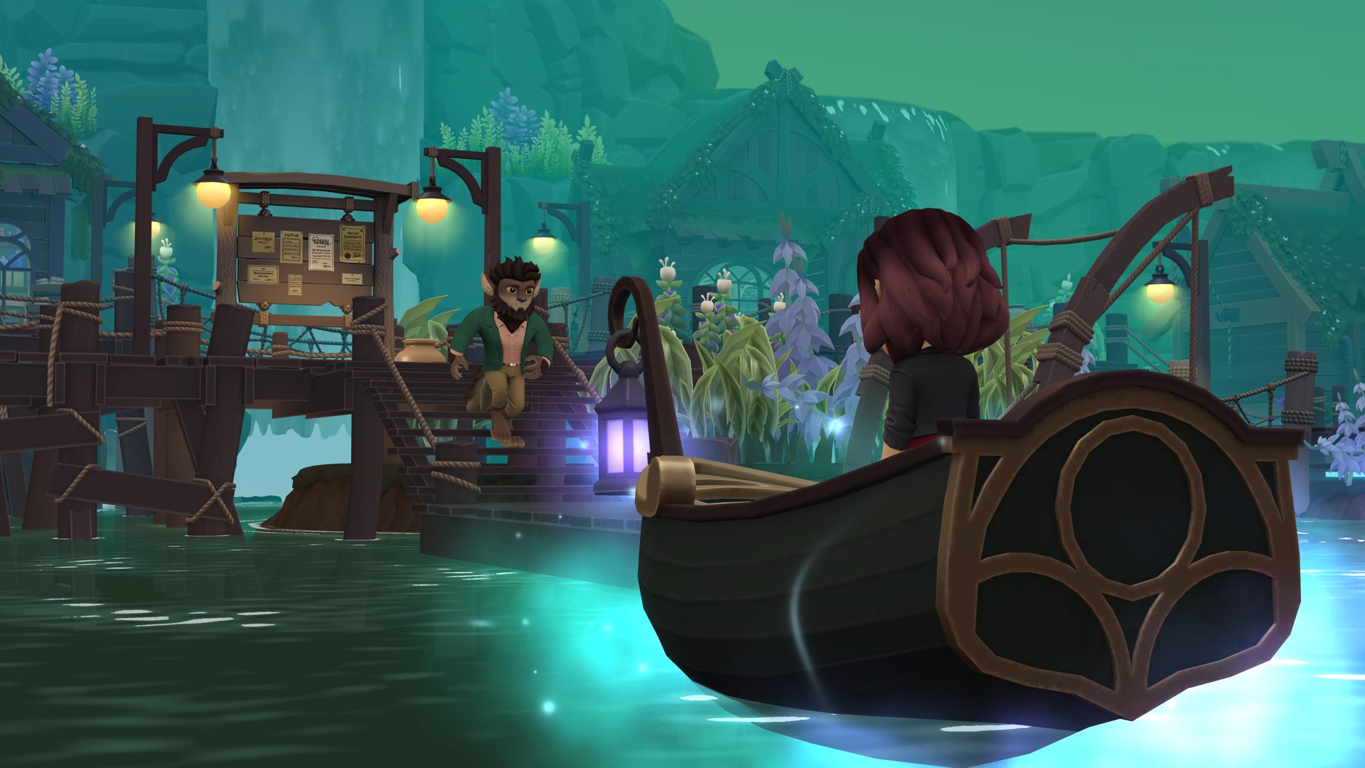 Image is Tara from Wylde Flowers arriving in a rowbot to greet a werewolf