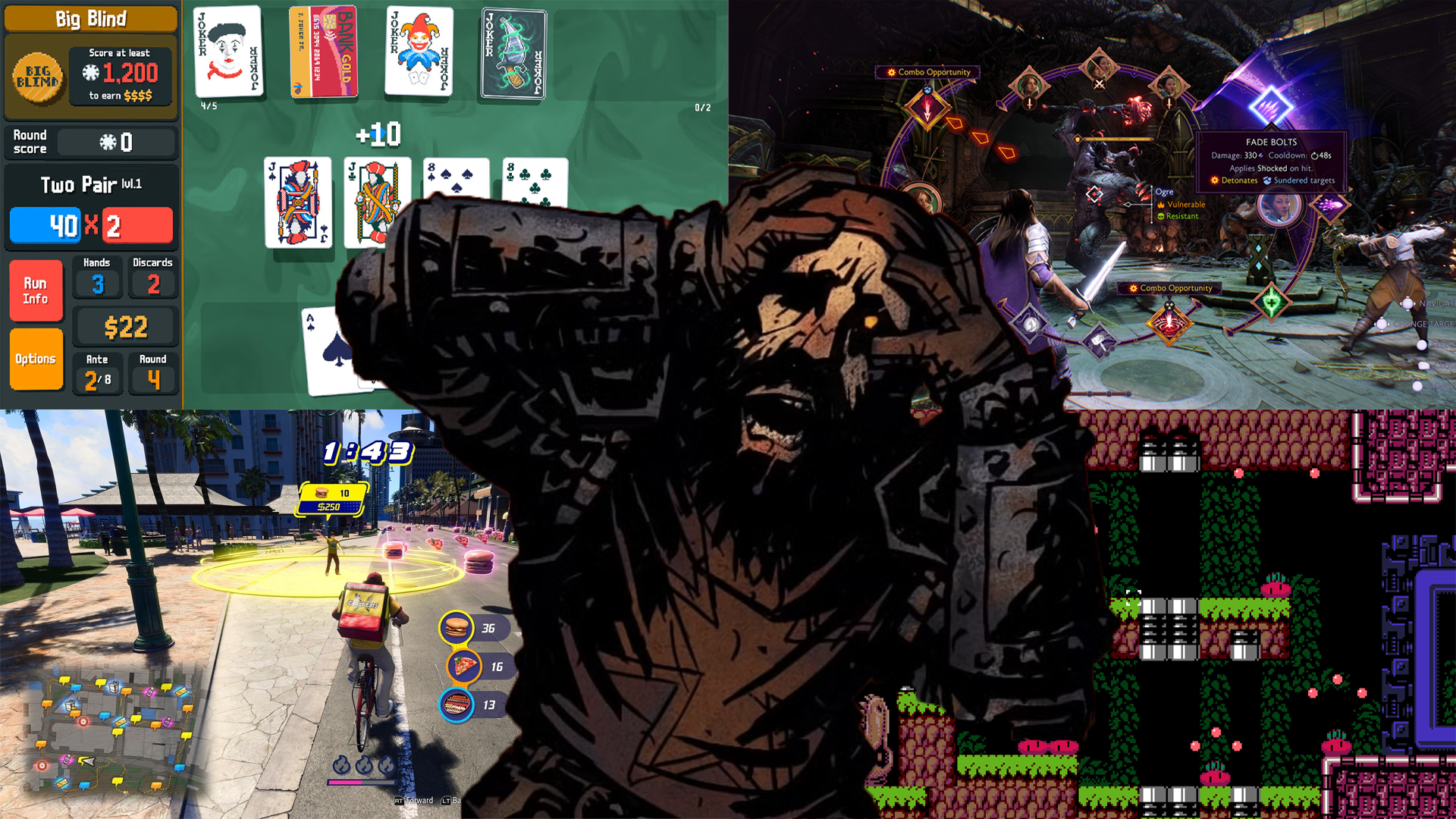 A composite image of various games, overlaid with a distressed knight character.