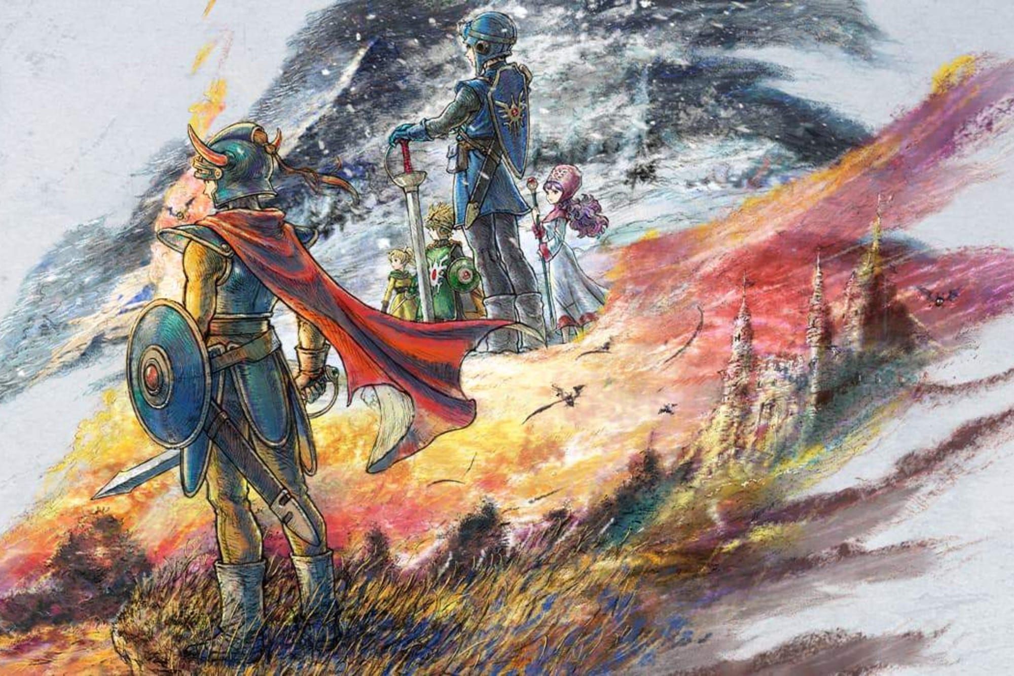 Several knights and casters stand facing rolling fields, snowy mountains, and fires. 