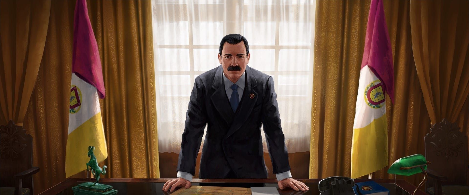 A dark-haired man in a suit stands with hands on a government official desk in a presidential office.