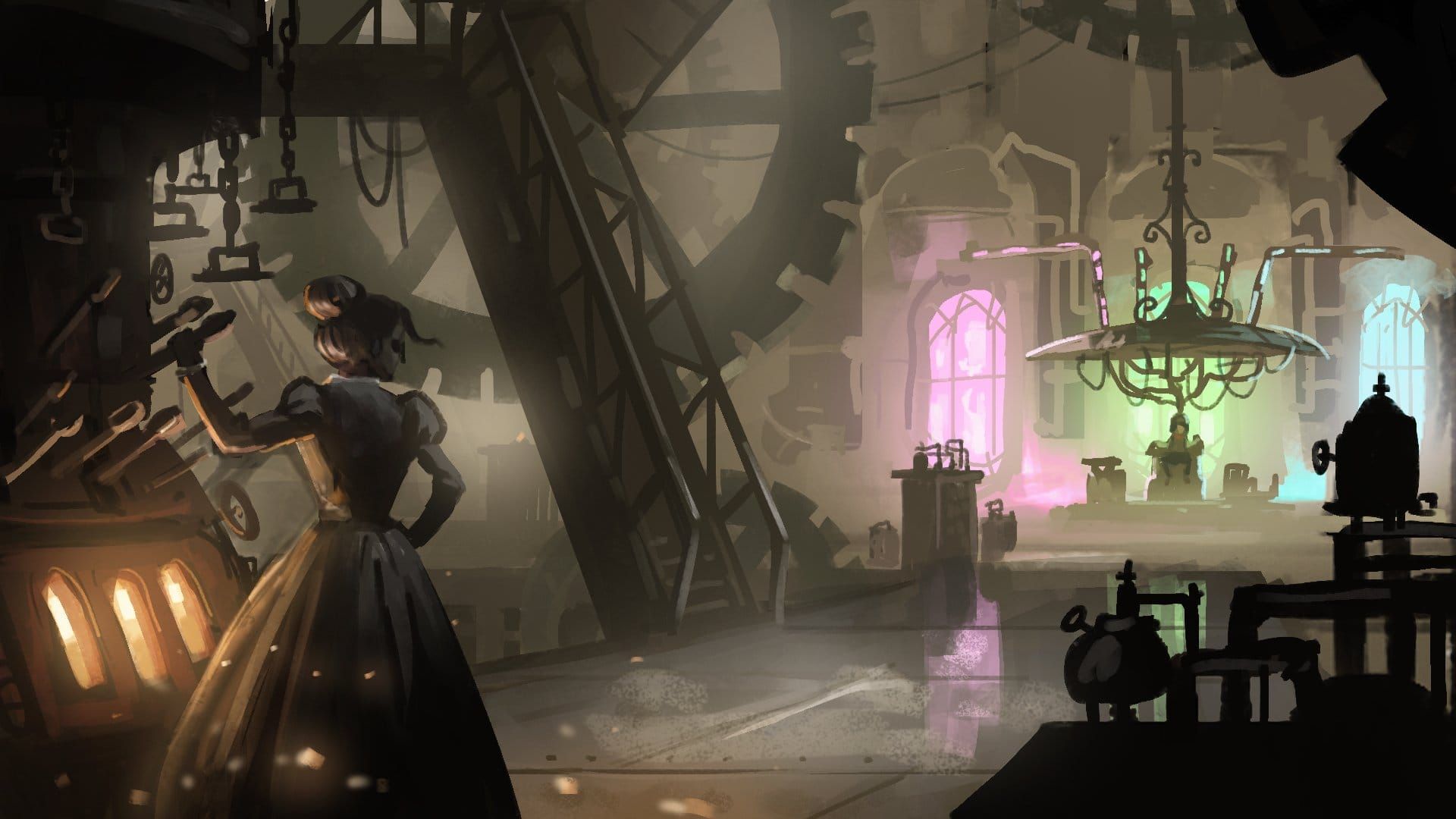 A steaA steampunk factory; a Victorian woman throws a lever, lighting up a machine in pink, green, and blue.