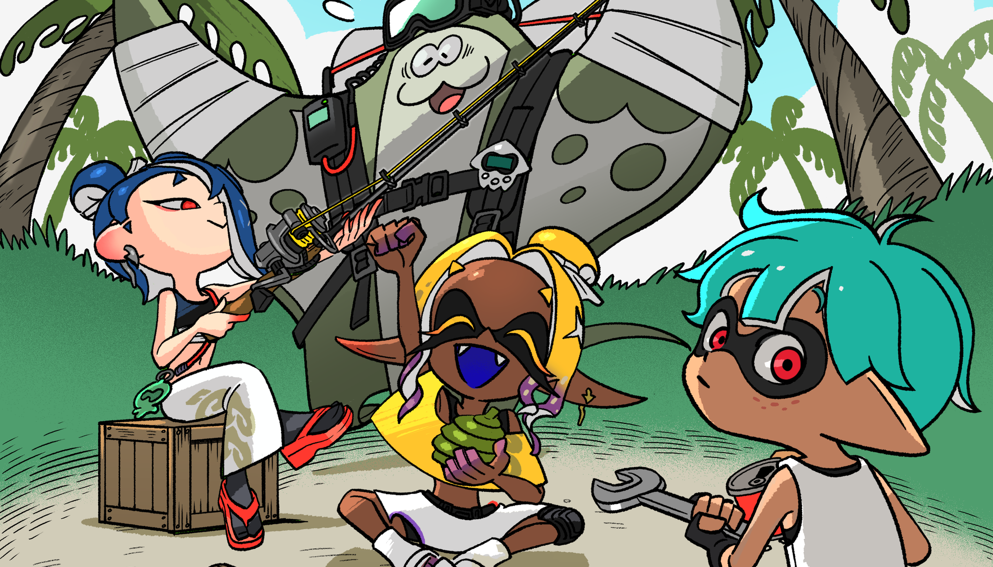 Splatoon Raiders key art with Inklings and Octolings in the jungle.