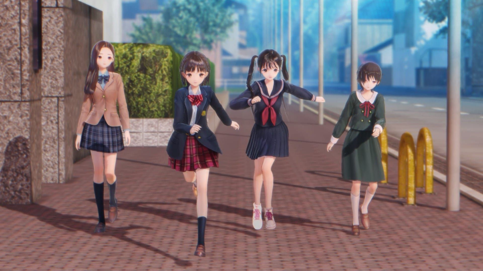 Blue Reflection Quartet screenshot showcasing four high school girls walking together on the streets