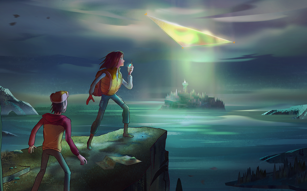 Oxenfree II: two teenagers stand on a rocky cliff at night, looking out over a glowing green bay where a triangular rift of light tears open the sky above a distant island.