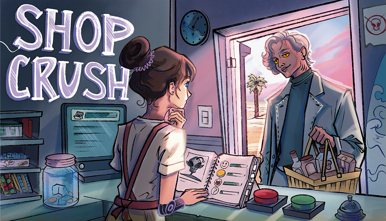 The Shop Crush cover art; a brown haired white whoman with a robotic arm bargains with a white haired yellow snake-eyed man.