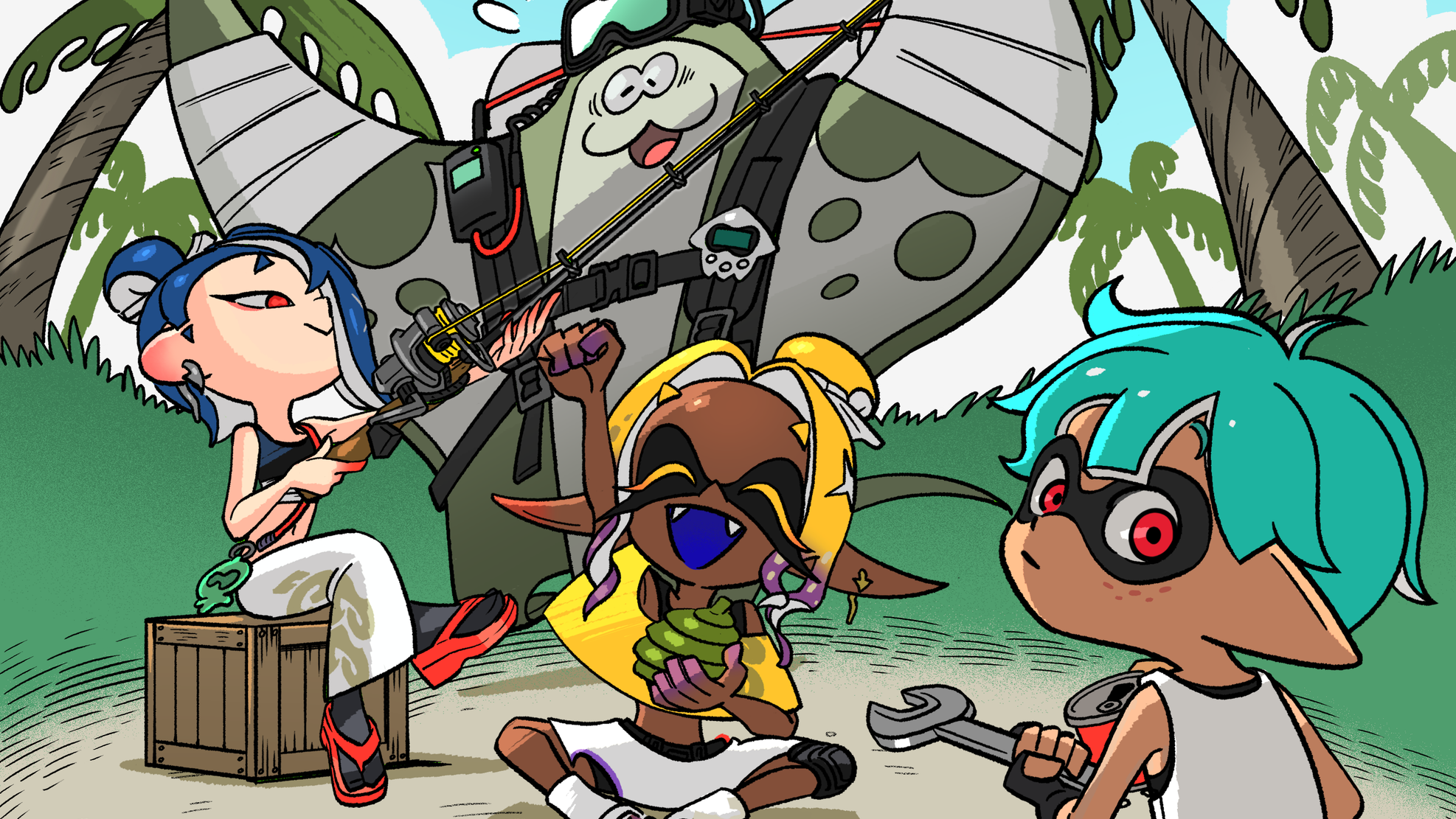 Splatoon Raiders artwork showing the Deep Cut trio on a tropical island with a crashed plane, a wrench, and a Salmonid nearby.