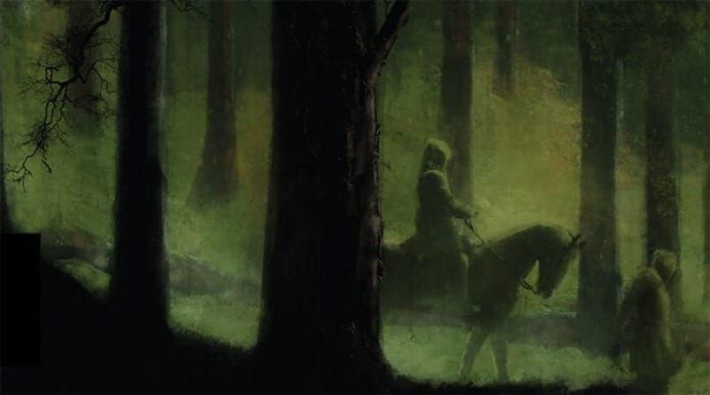 Two figures, one on horseback, walking through a dark and shadowy forest