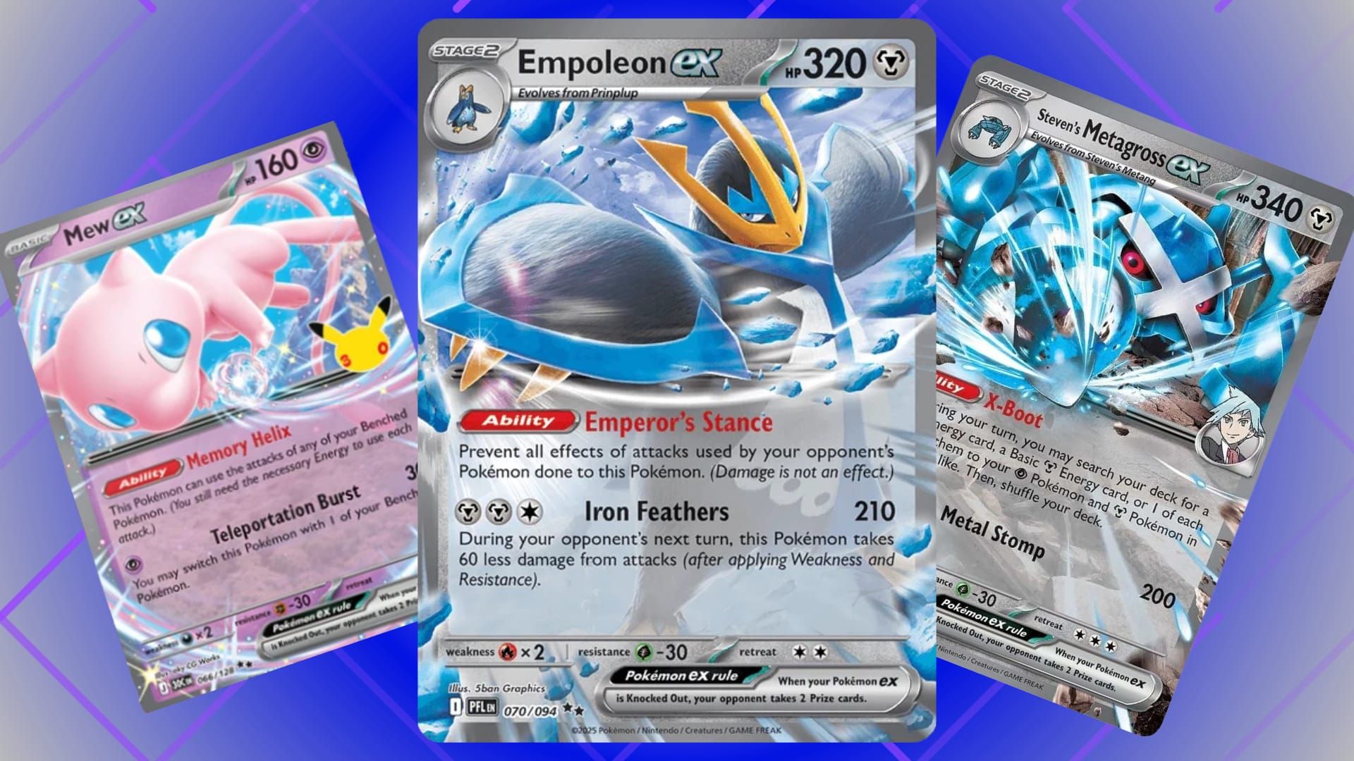 Pokemon cards: Empoleon EX, Mew EX, and Steven's Metagross EX.