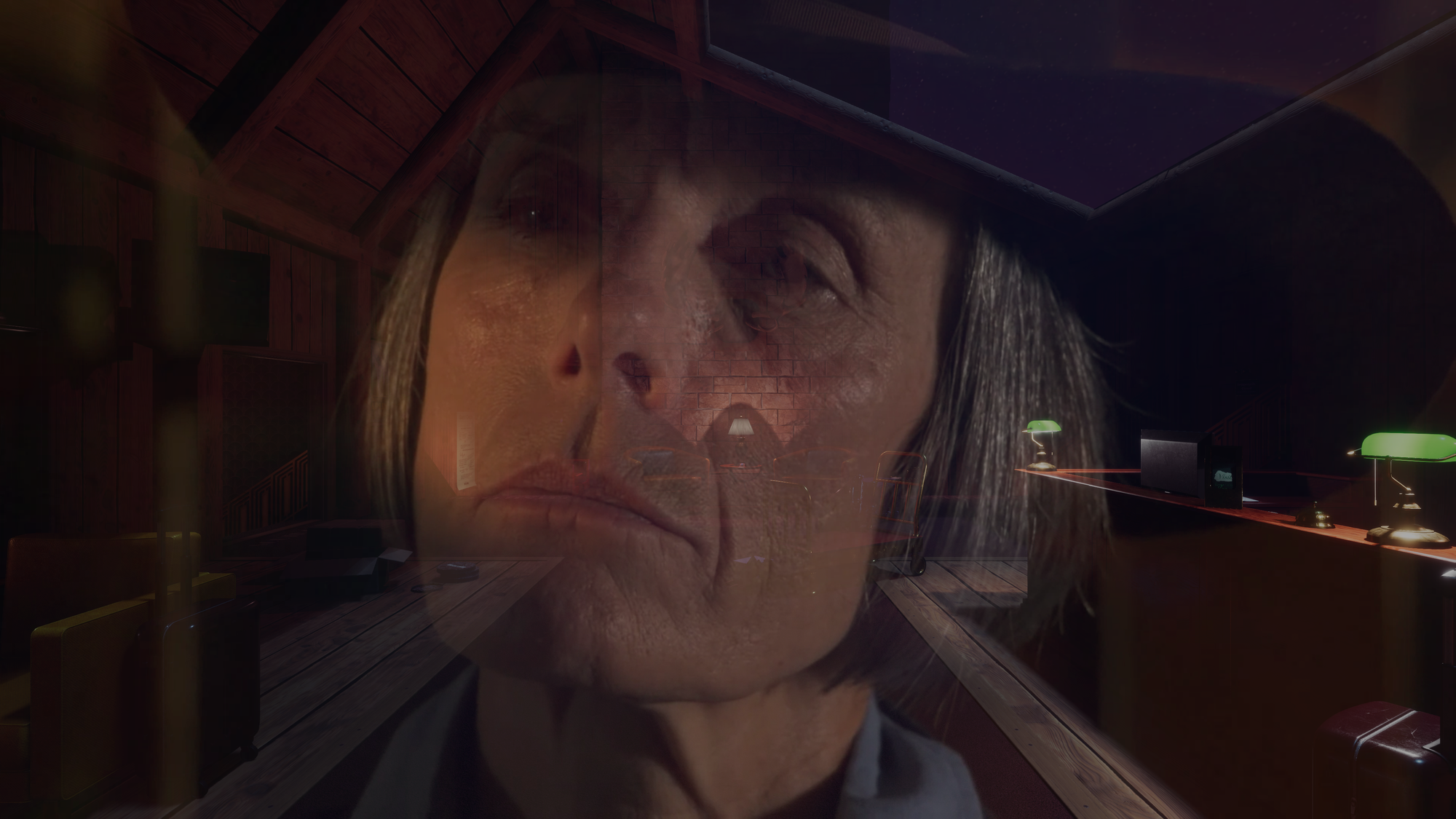 Screenshot from The Final Cut of Lilith Cunningham. A Full-Motion Video close-up of Lilith looking offscreen fades into a shot of a low-lit hotel lobby.