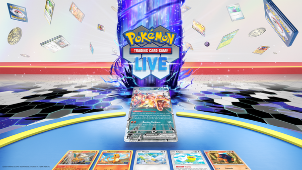 The title screen for Pokemon TCG Live, featuring the Charizard EX card and several others.