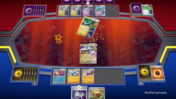 A game of Pokemon. Raging Bolt attacks and knocks out Iron Thorns.