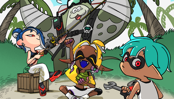Splatoon Raiders key art with Inklings and Octolings in the jungle.