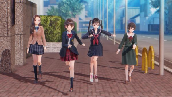 Blue Reflection Quartet screenshot showcasing four high school girls walking together on the streets