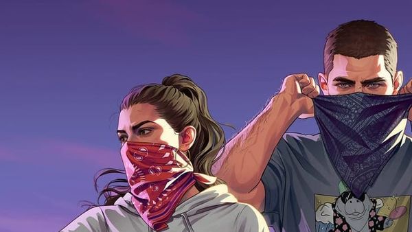 Illustrated Grand Theft Auto 6 key art of Lucia and Jason pulling patterned bandanas over their faces against a purple dusk sky.— only to be blown out of the water by their next title.
