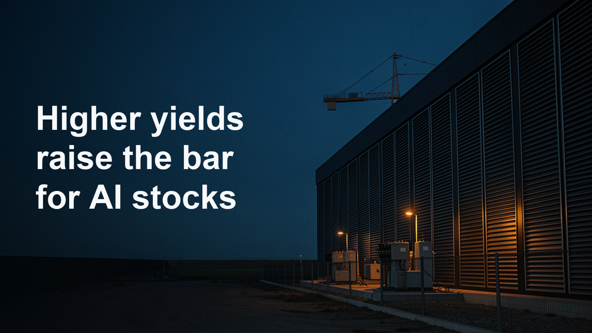 Higher yields raise the bar for AI stocks. Editorial illustration of a data-center expansion at dusk, with electrical equipment and a construction crane.
