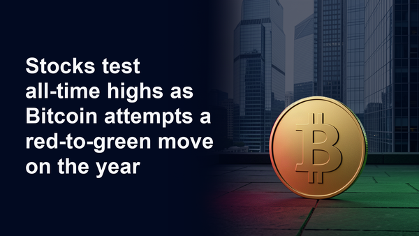 Gold Bitcoin coin with red and green light against navy city skyscrapers, beside the headline: Stocks test all-time highs as Bitcoin attempts a red-to-green move on the year