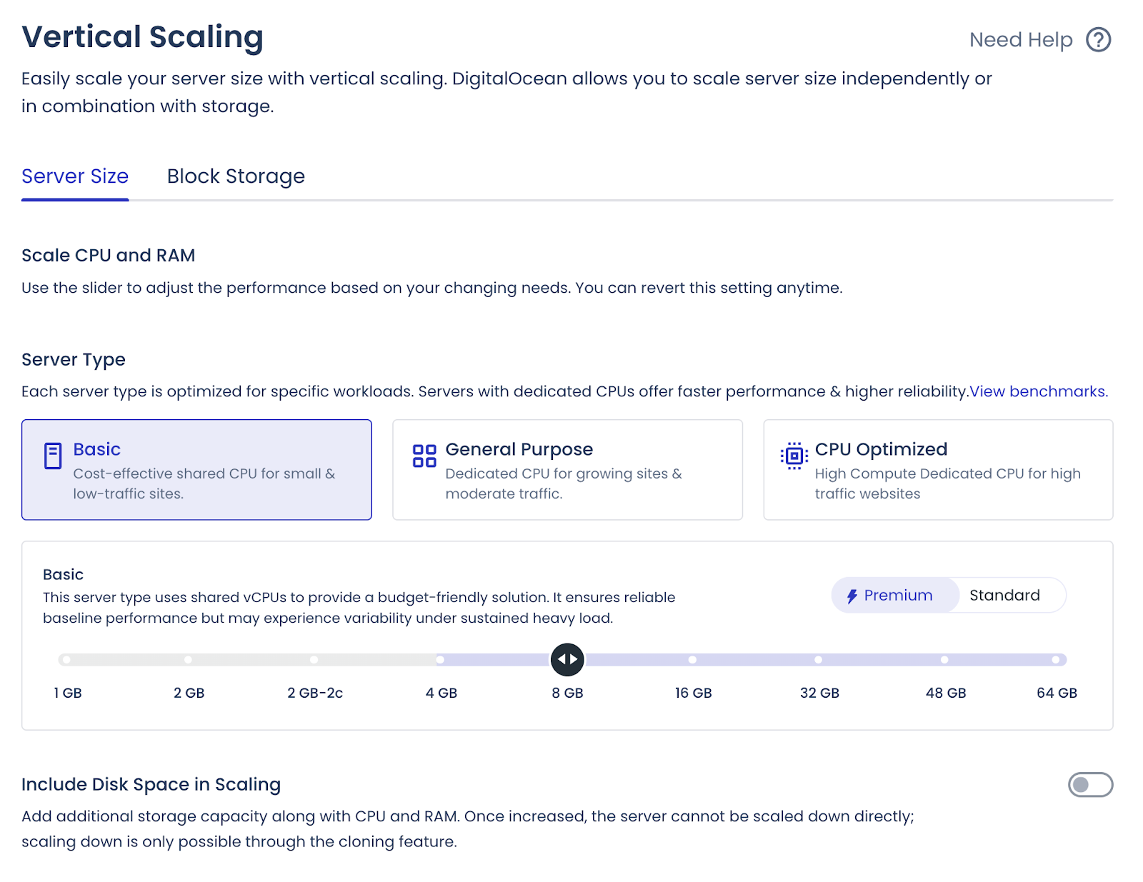 Cloudways dashboard showing the option to scale vertically