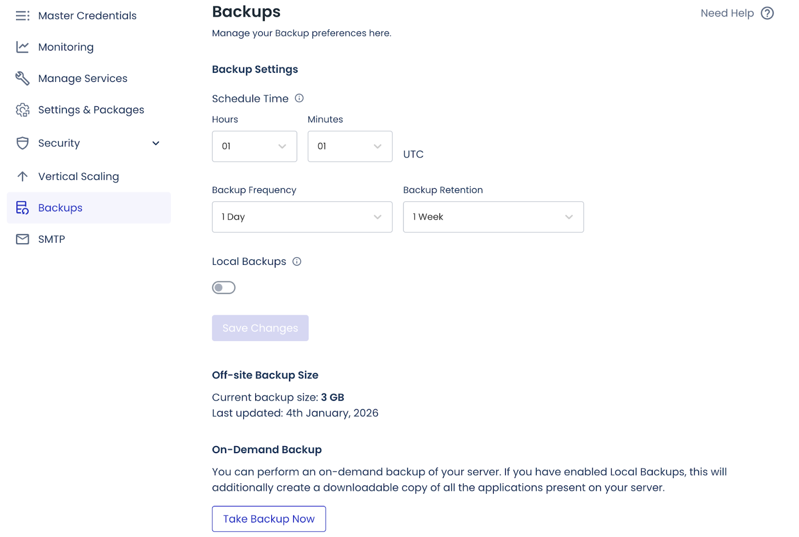 Cloudways dashboard displaying the backup settings