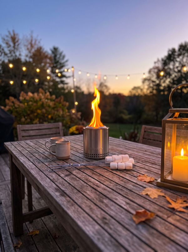 Solo Stove Mesa XL tabletop fire pit on a dusk patio table