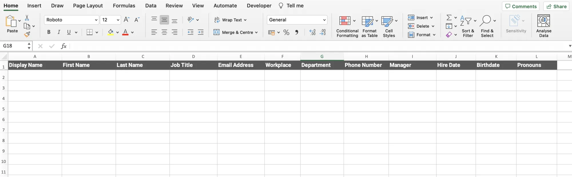 Row 1 in Excel highlighted with bold headers for Display Name, First Name, Job Title, Email, Phone, Workplace
