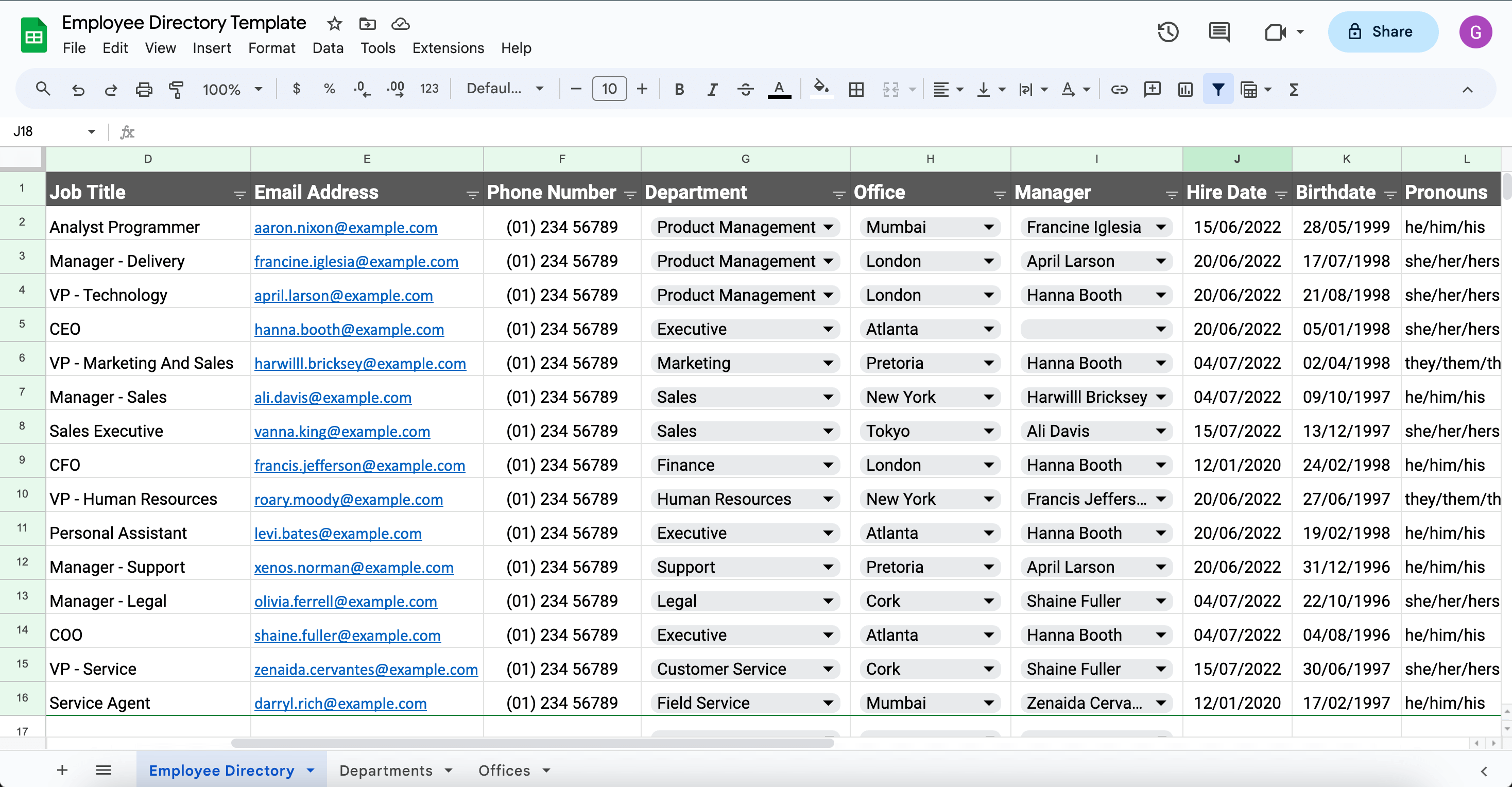 Sample employee rows populated in the Google Sheets directory: names, titles, contact info and departments.
