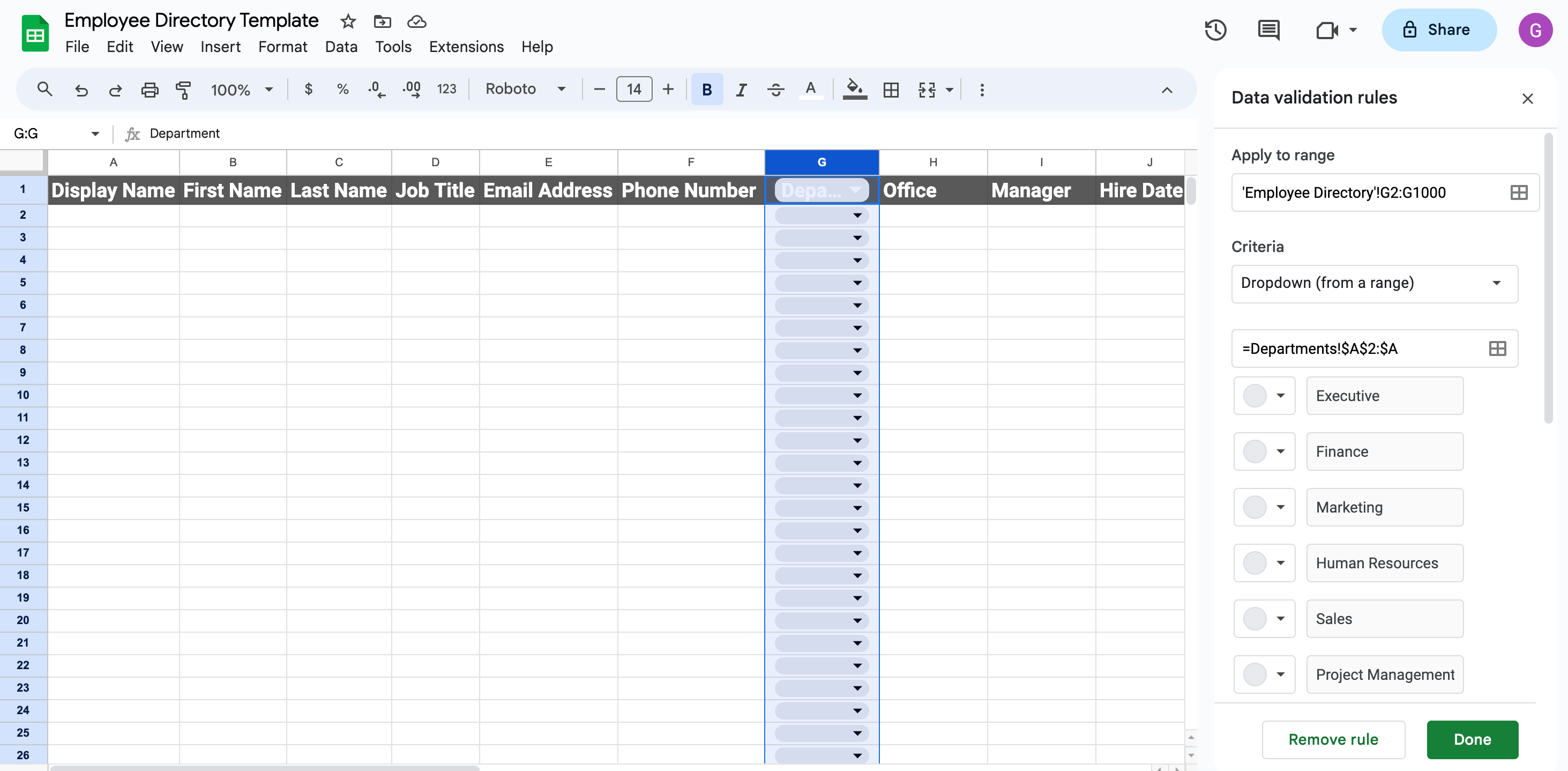 Data-validation setup linking Department column to list on Departments sheet, creating dropdown in Google Sheets.