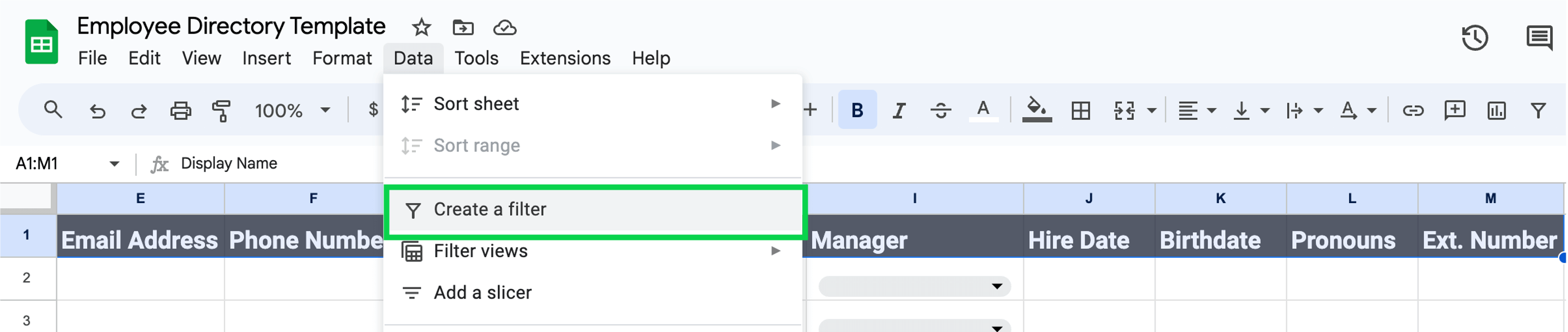 Filter view icons added to header row enabling quick sort and filter of the employee directory in Google Sheets.